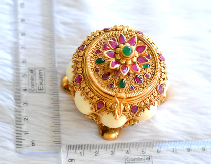 Antique gold tone ruby-emerald pumpkin kumkum box dj-43512