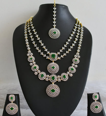 Two tone cz white-emerald stone multi layer round short haar set dj-48514