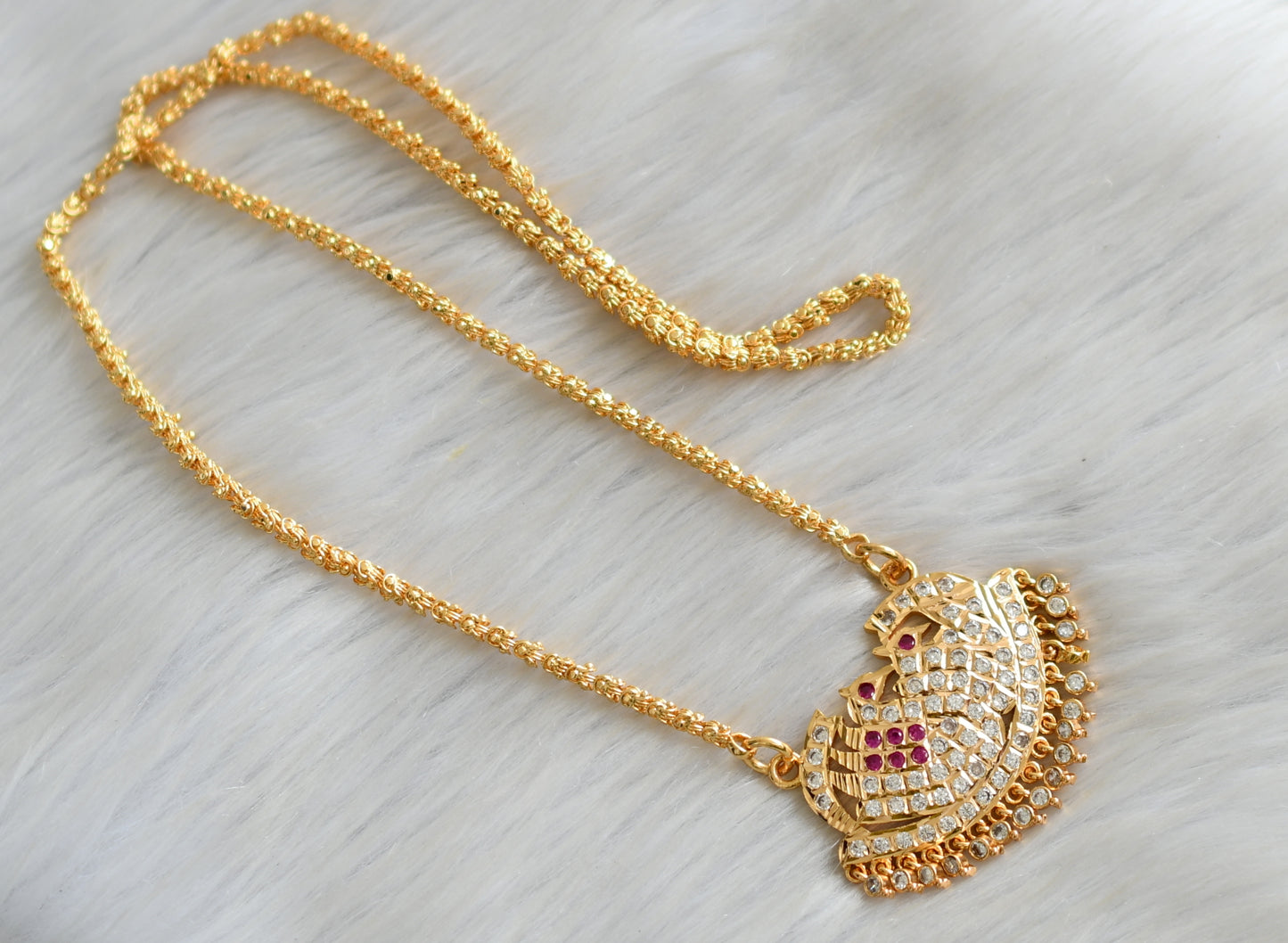 Gold tone ad ruby-white stone south Indian style swan pendant with chain dj-42204