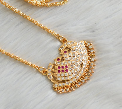 Gold tone ad ruby-white stone south Indian style swan pendant with chain dj-42204