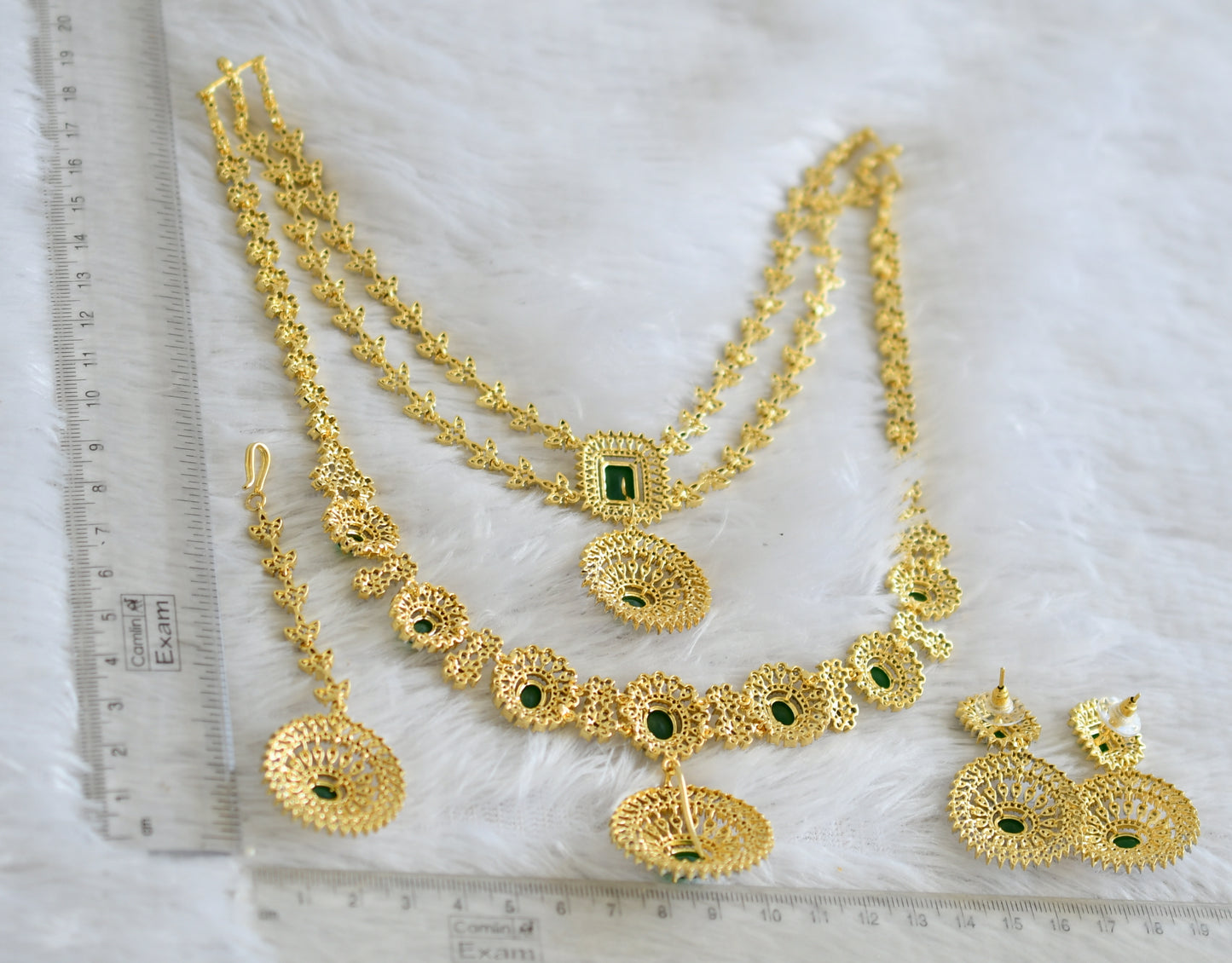 Two tone cz white-emerald stone multi layer round short haar set dj-48514