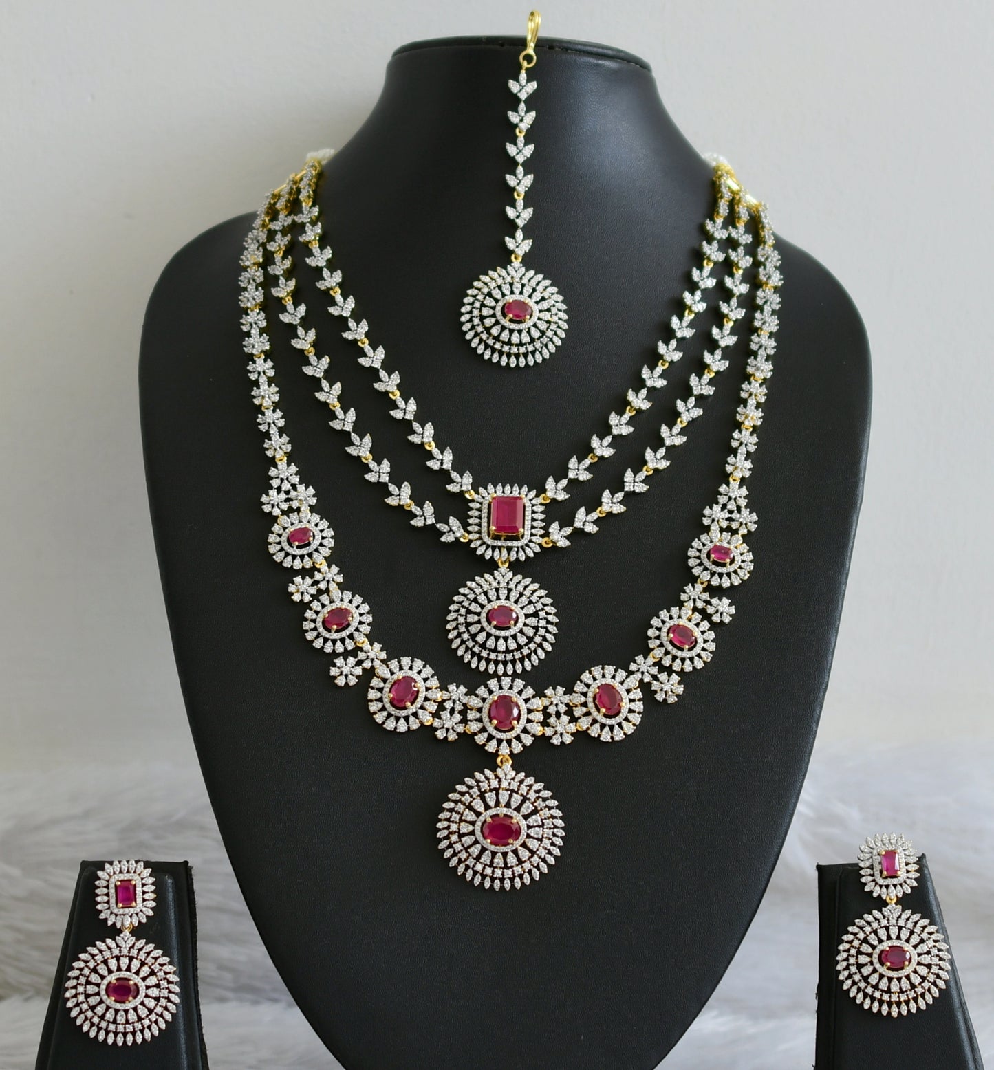 Two tone cz white-ruby stone multi layer round short haar set dj-48513