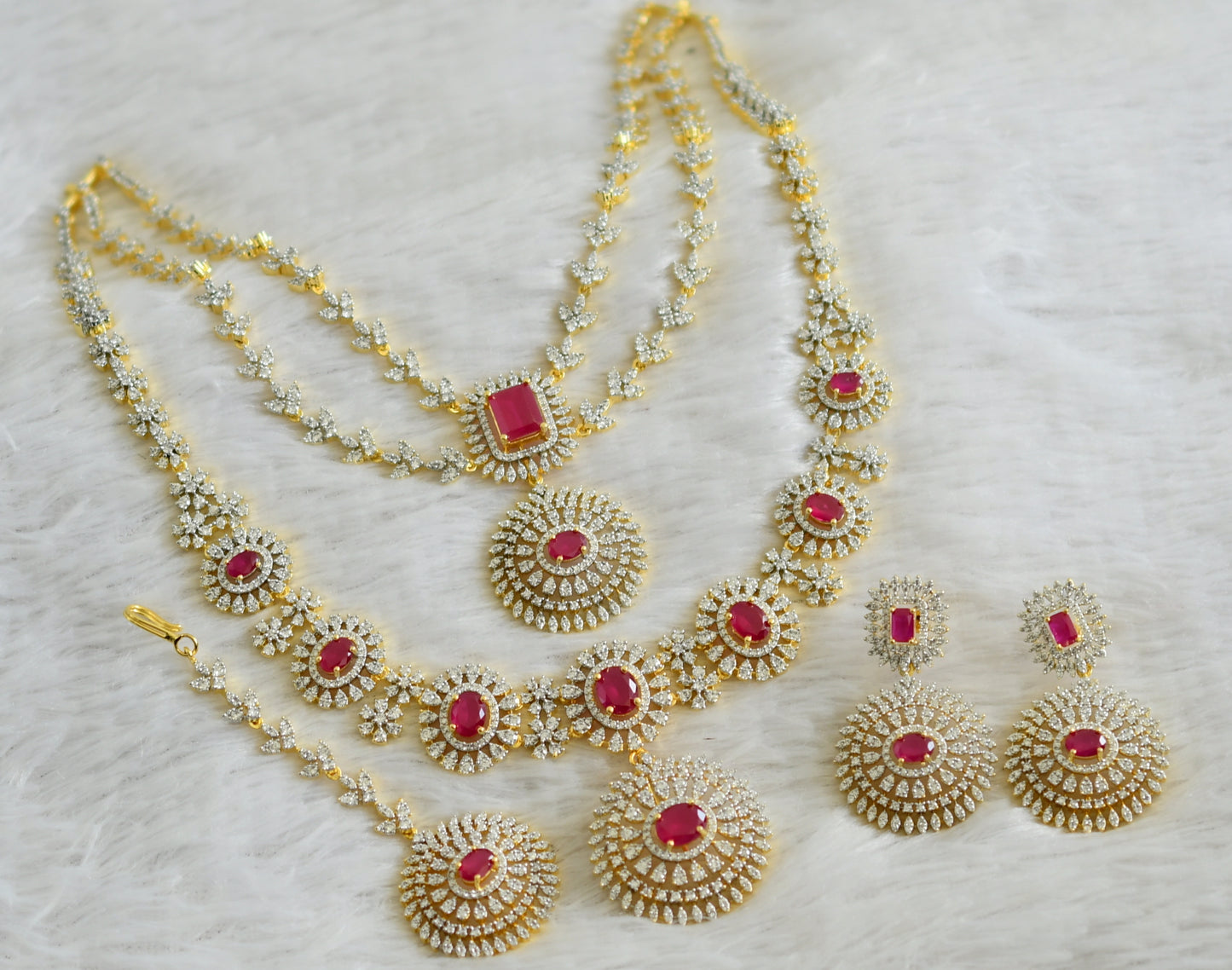 Two tone cz white-ruby stone multi layer round short haar set dj-48513