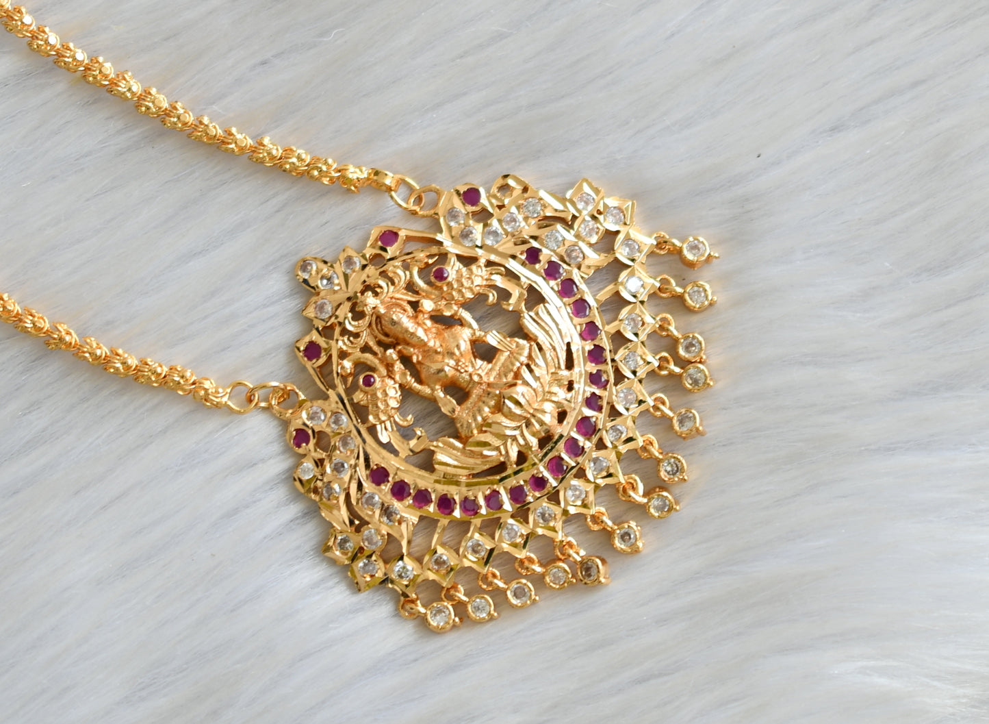 Gold tone ad ruby-white stone south Indian style Lakshmi-peacock pendant with chain dj-42206