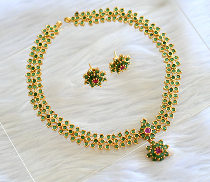 Gold tone pink-emerald flower necklace set dj-43516