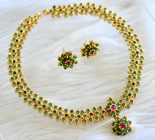 Gold tone pink-emerald flower necklace set dj-43516