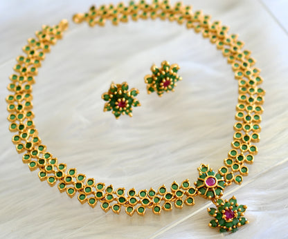 Gold tone pink-emerald flower necklace set dj-43516