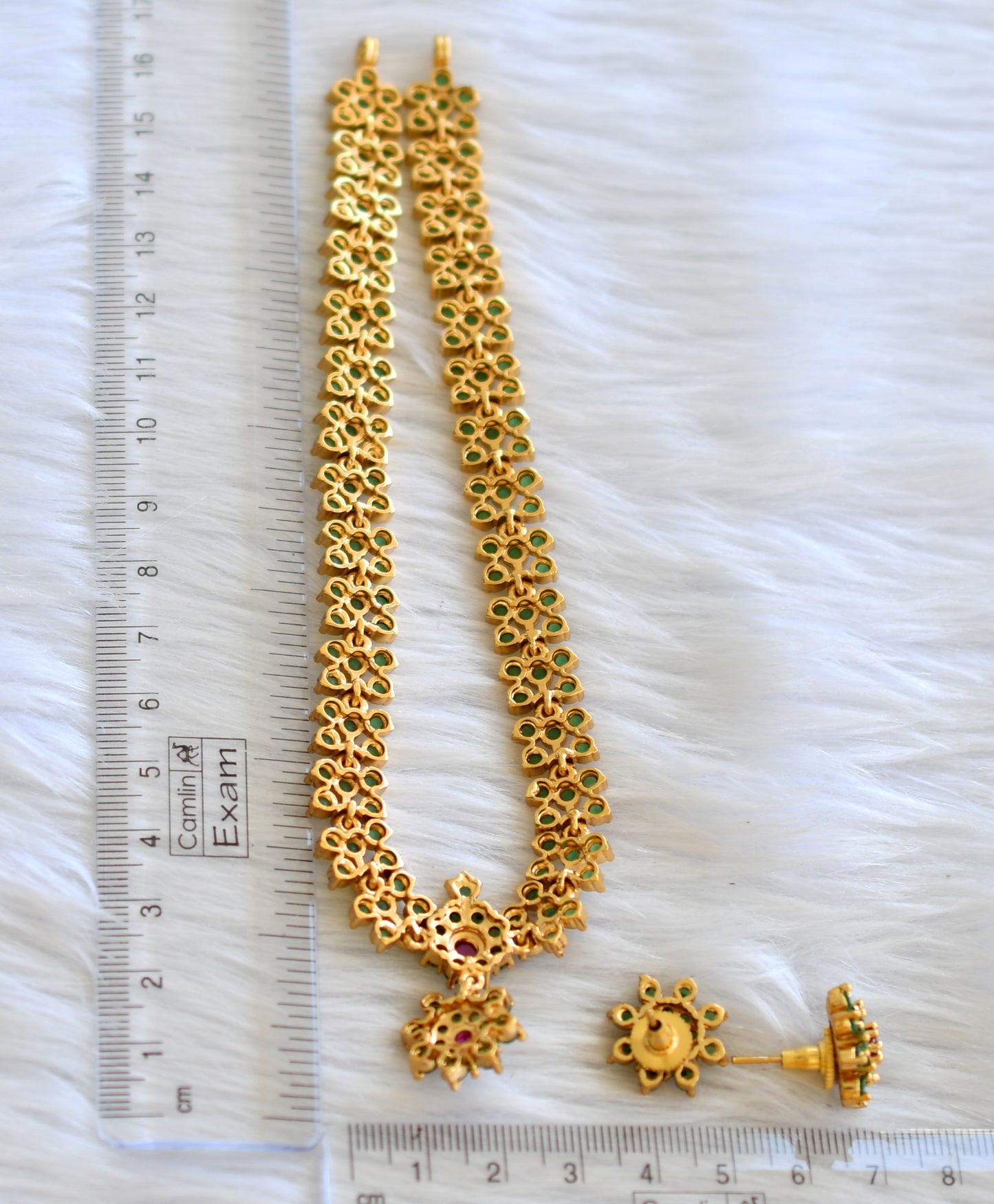 Gold tone pink-emerald flower necklace set dj-43516