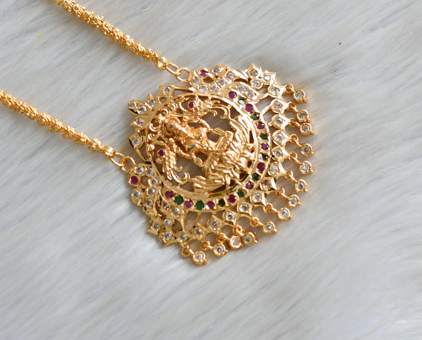 Gold tone ad ruby-green-white stone south Indian style Lakshmi-peacock pendant with chain dj-42208