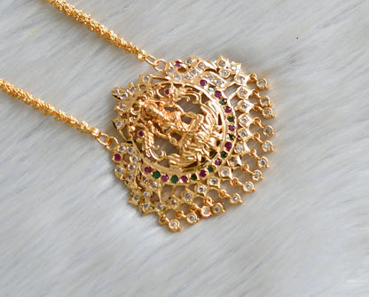 Gold tone ad ruby-green-white stone south Indian style Lakshmi-peacock pendant with chain dj-42208