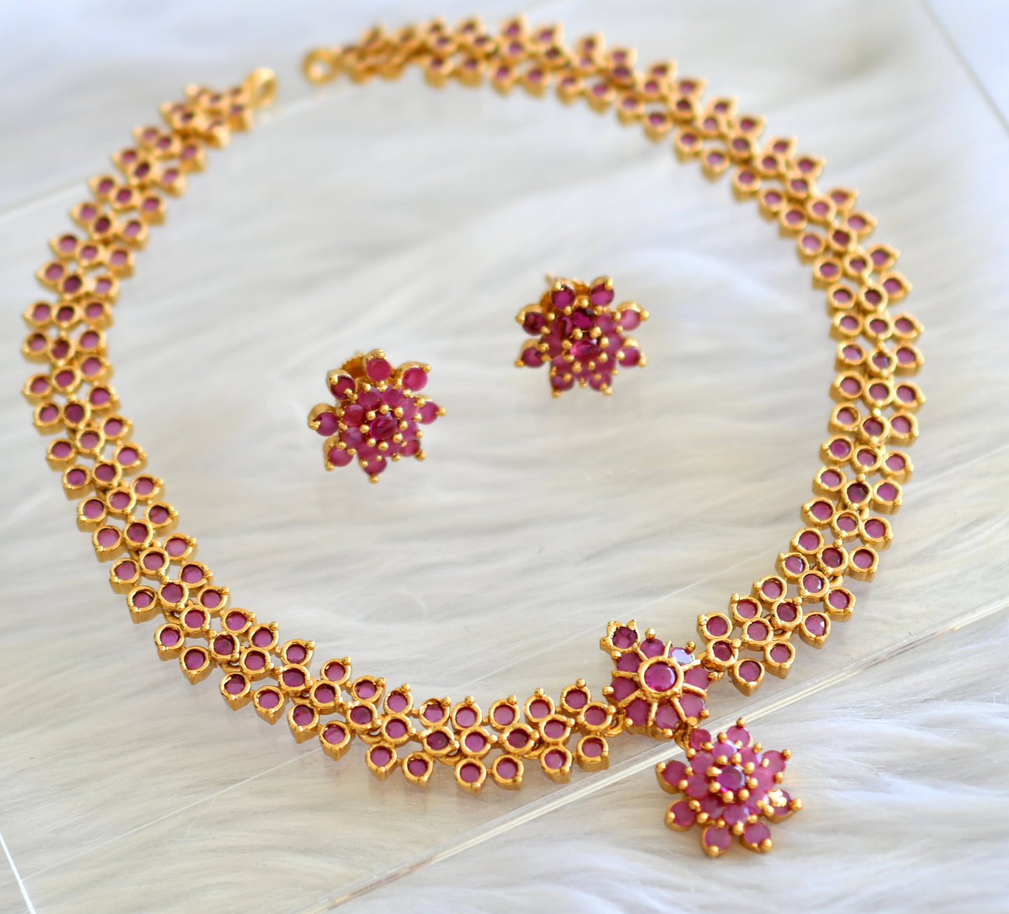 Gold tone ruby stone flower necklace set dj-43515