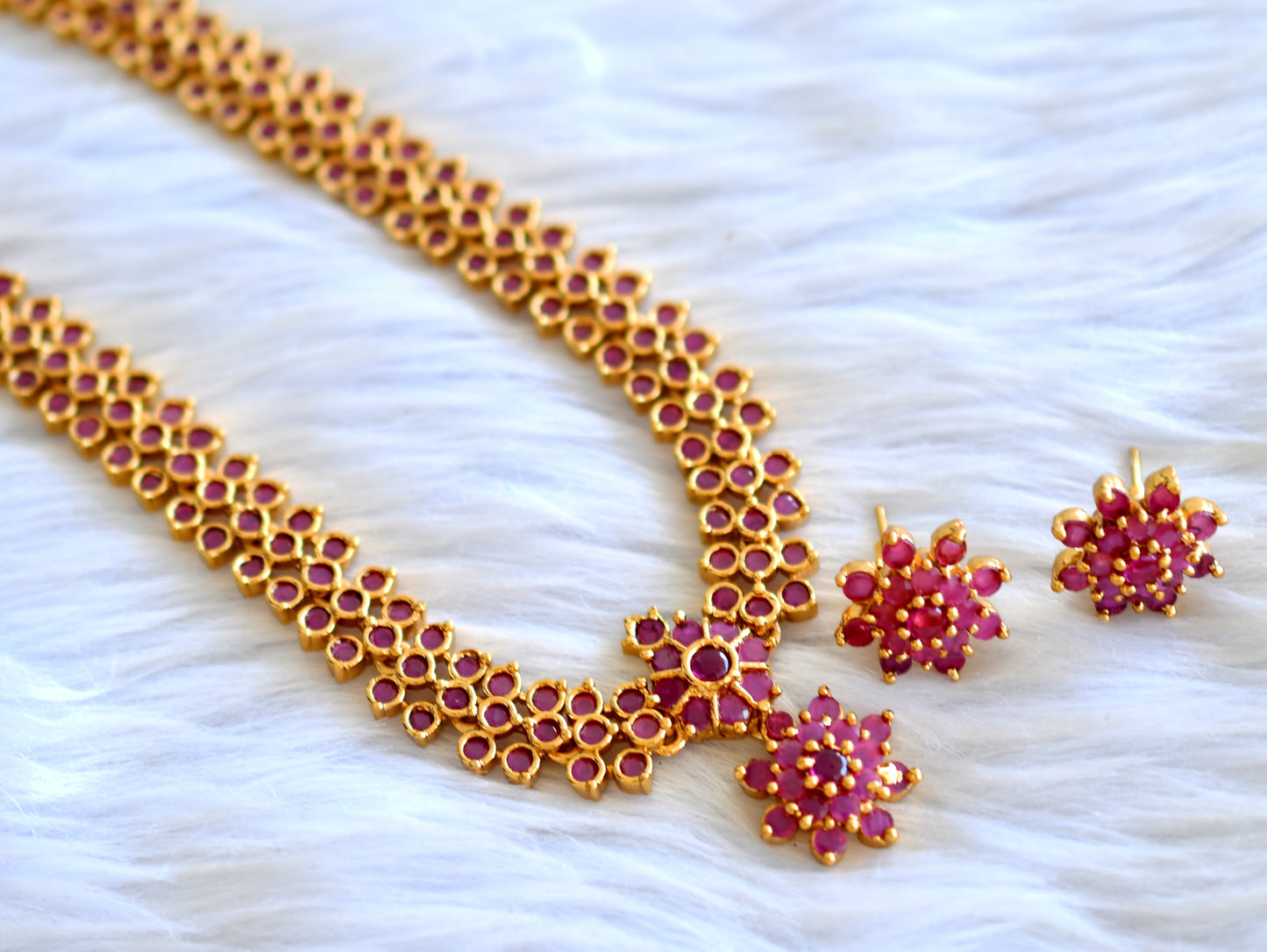 Gold tone ruby stone flower necklace set dj-43515