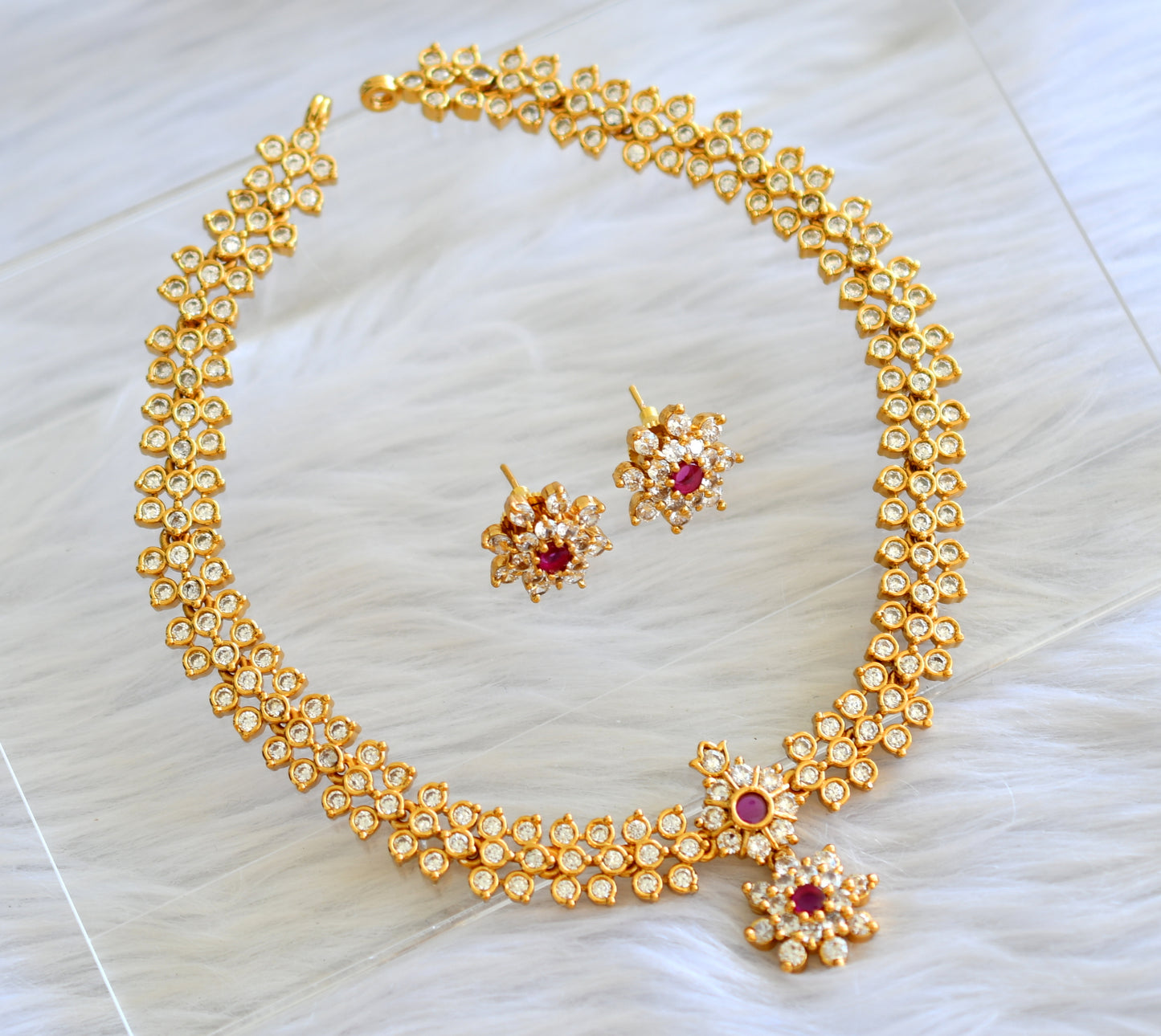 Gold tone cz pink-white flower necklace set dj-43517