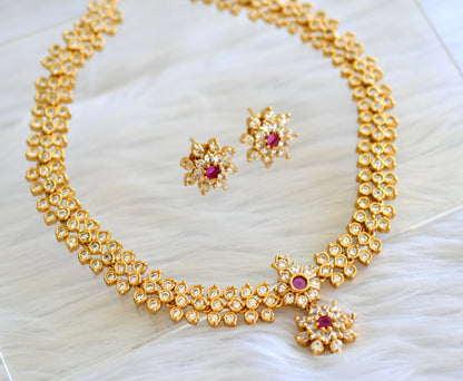 Gold tone cz pink-white flower necklace set dj-43517