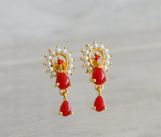 Gold tone coral-pearl stone earrings dj-48532