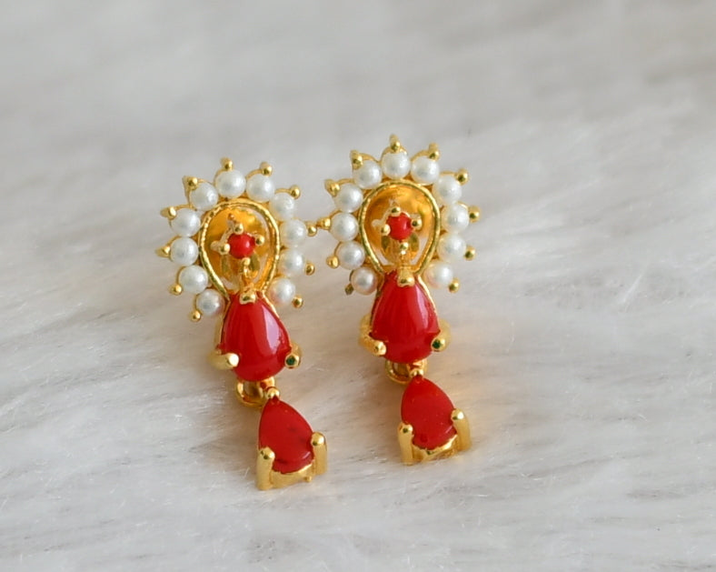 Gold tone coral-pearl stone earrings dj-48532