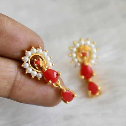 Gold tone coral-pearl stone earrings dj-48532