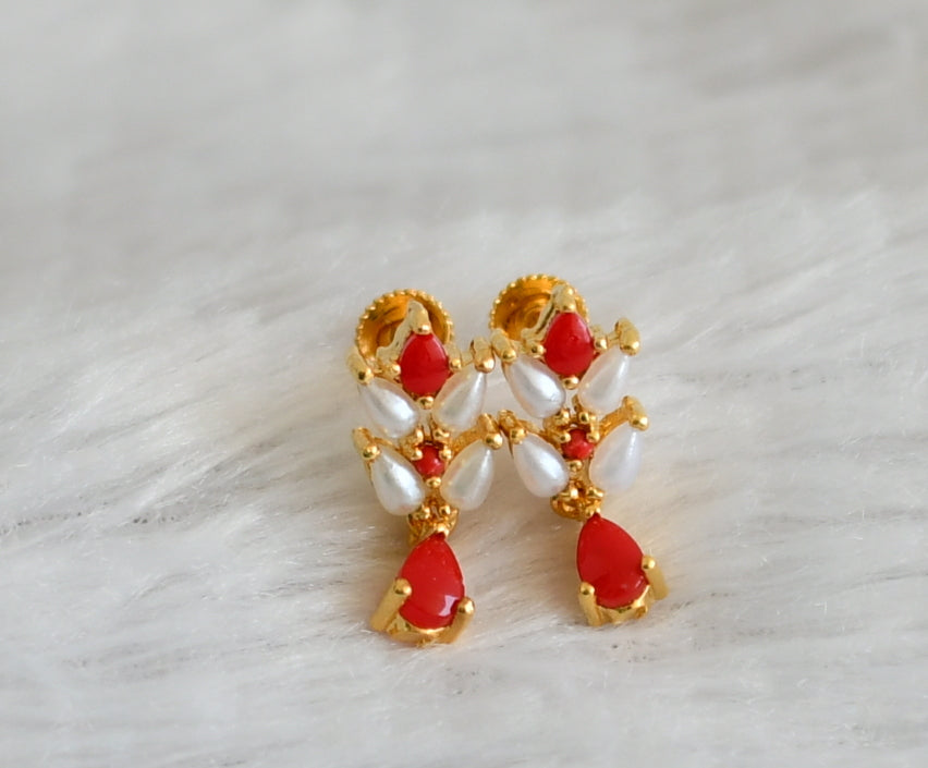 Gold tone coral-pearl stone leaf earrings dj-48535