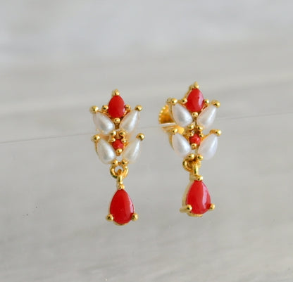 Gold tone coral-pearl stone leaf earrings dj-48535