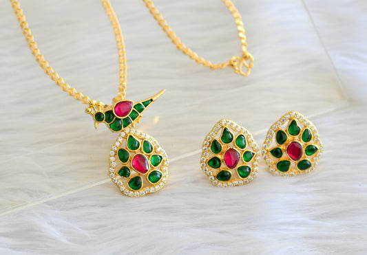 Gold tone 18 inches chain with green-pink-white kundan jadau pendant set dj-43503