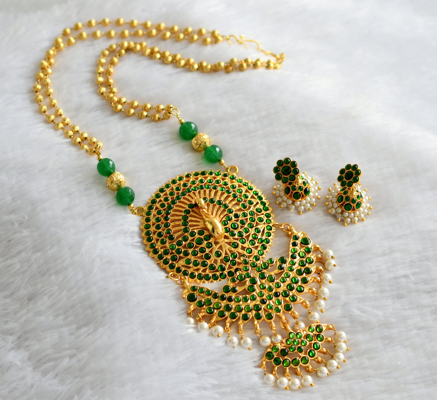 Gold tone handmade green temple peacock pendant long necklace set dj-23317