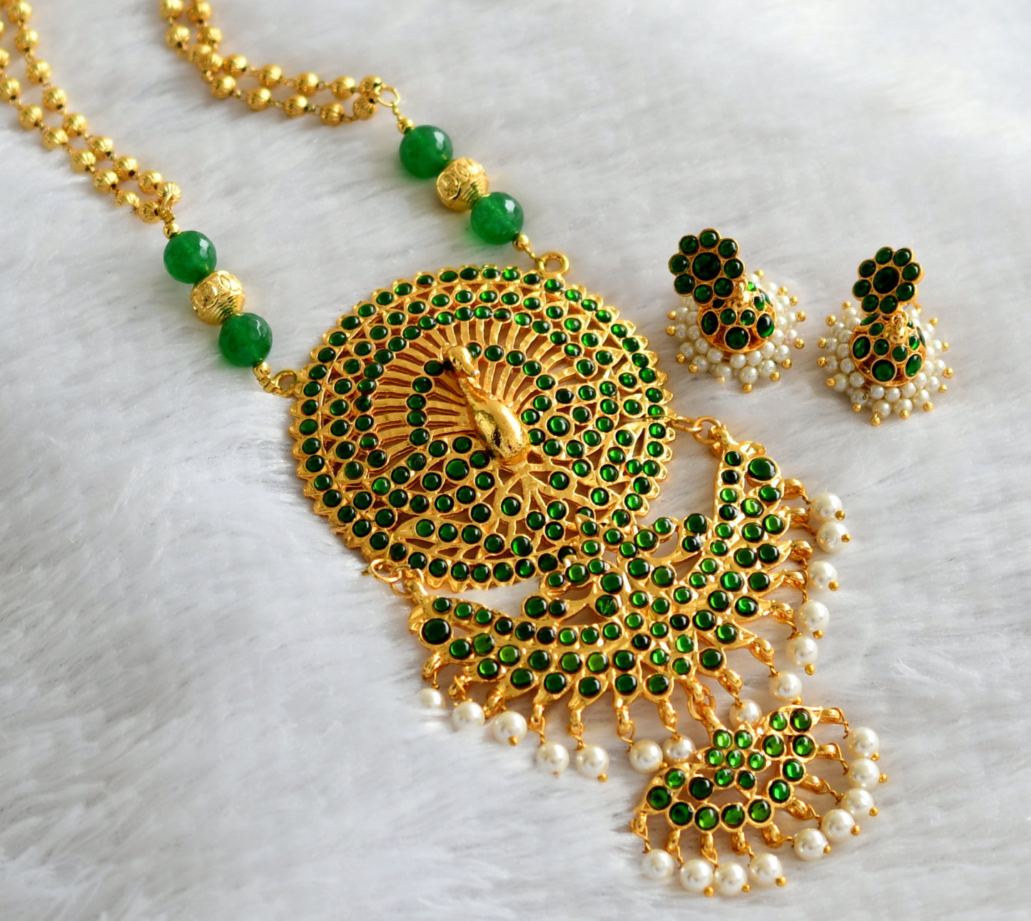 Gold tone handmade green temple peacock pendant long necklace set dj-23317