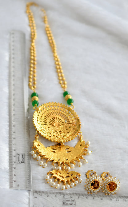 Gold tone handmade green temple peacock pendant long necklace set dj-23317