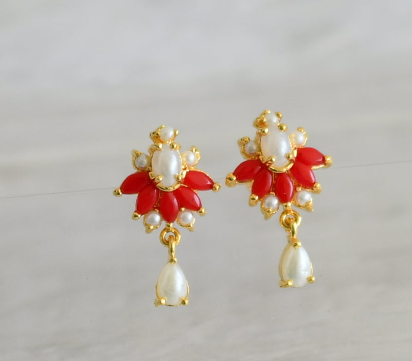 Gold tone coral-pearl stone earrings dj-48553