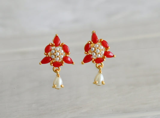 Gold tone coral-pearl stone flower earrings dj-48556