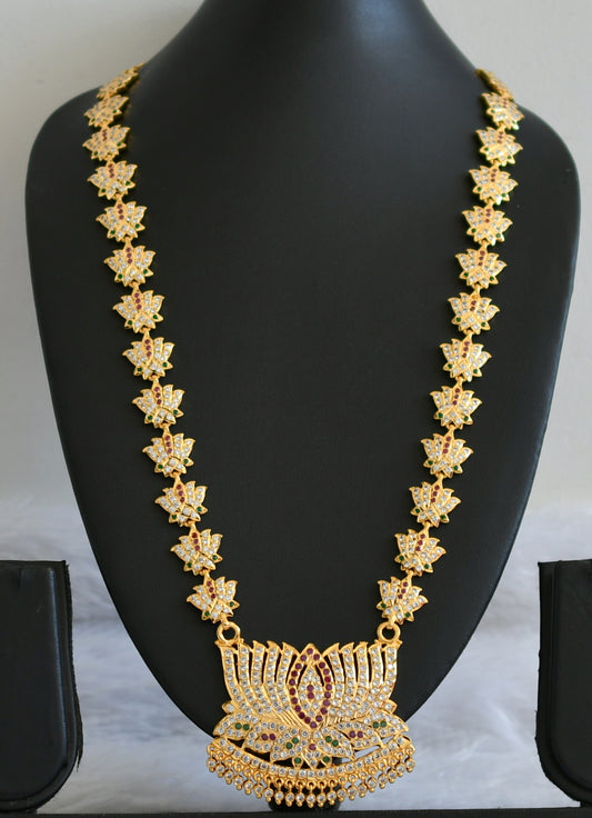 Gold tone south indian style AD pink-green-white lotus haar dj-50490