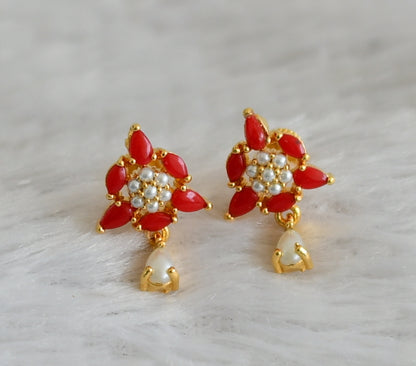 Gold tone coral-pearl stone flower earrings dj-48556