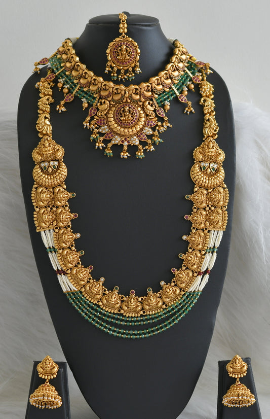 Matte finish kemp-green-white sea green beaded lakshmi peacock mango semi bridal set dj-46643