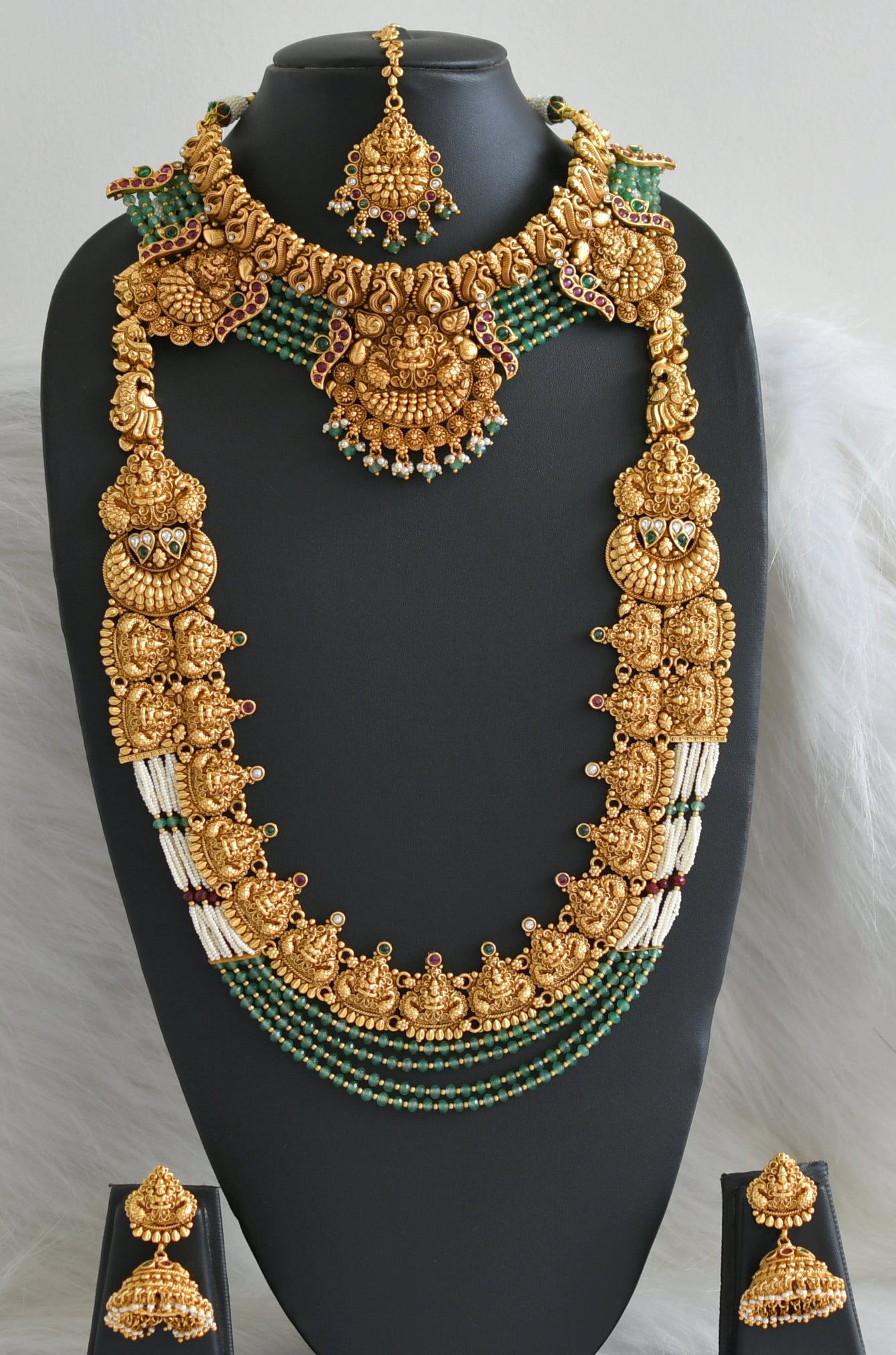 Matte finish kemp-green-white sea green beaded lakshmi peacock semi bridal set dj-46644