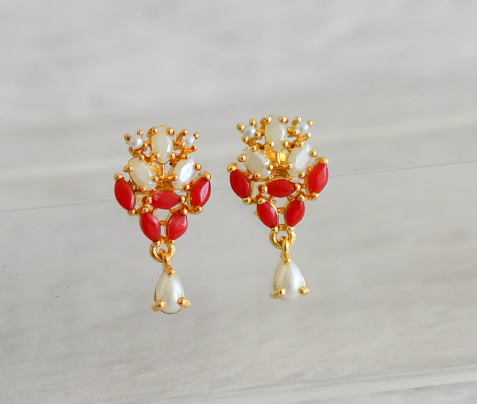 Gold tone coral-pearl stone earrings dj-48547