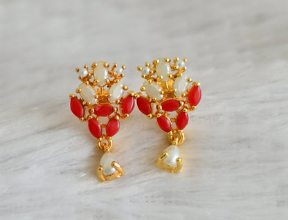 Gold tone coral-pearl stone earrings dj-48547