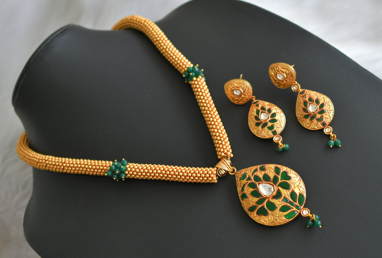 Matte finish green kundan jadau heavy necklace set dj-13103