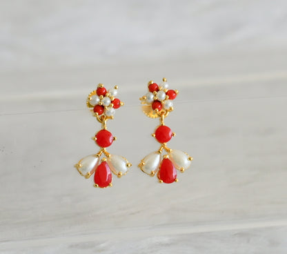 Gold tone coral-pearl stone flower earrings dj-48550