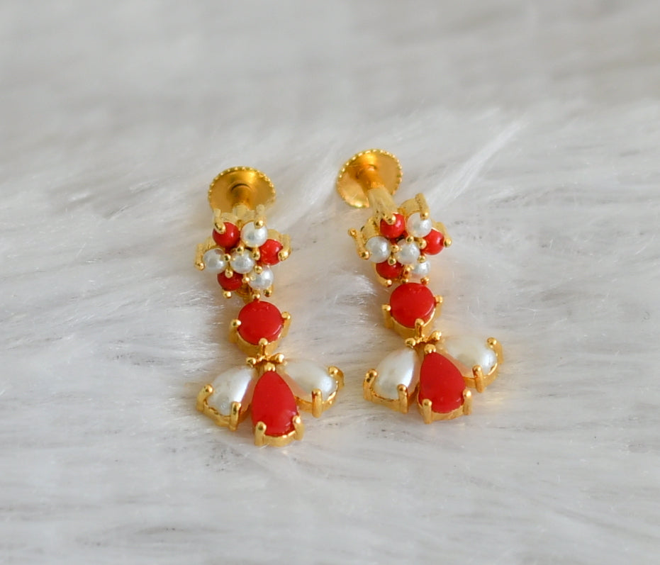 Gold tone coral-pearl stone flower earrings dj-48550