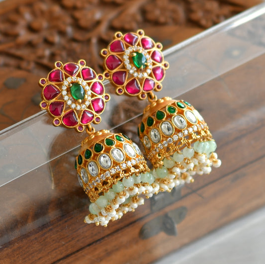 Gold tone pink-green-white kundan jadau jhumkka dj-43505