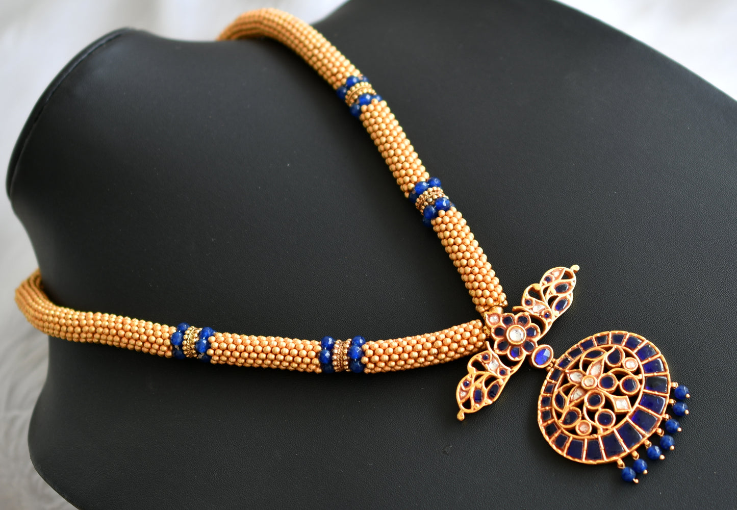 Matte finish royal blue-kundan jadau heavy necklace dj-13105