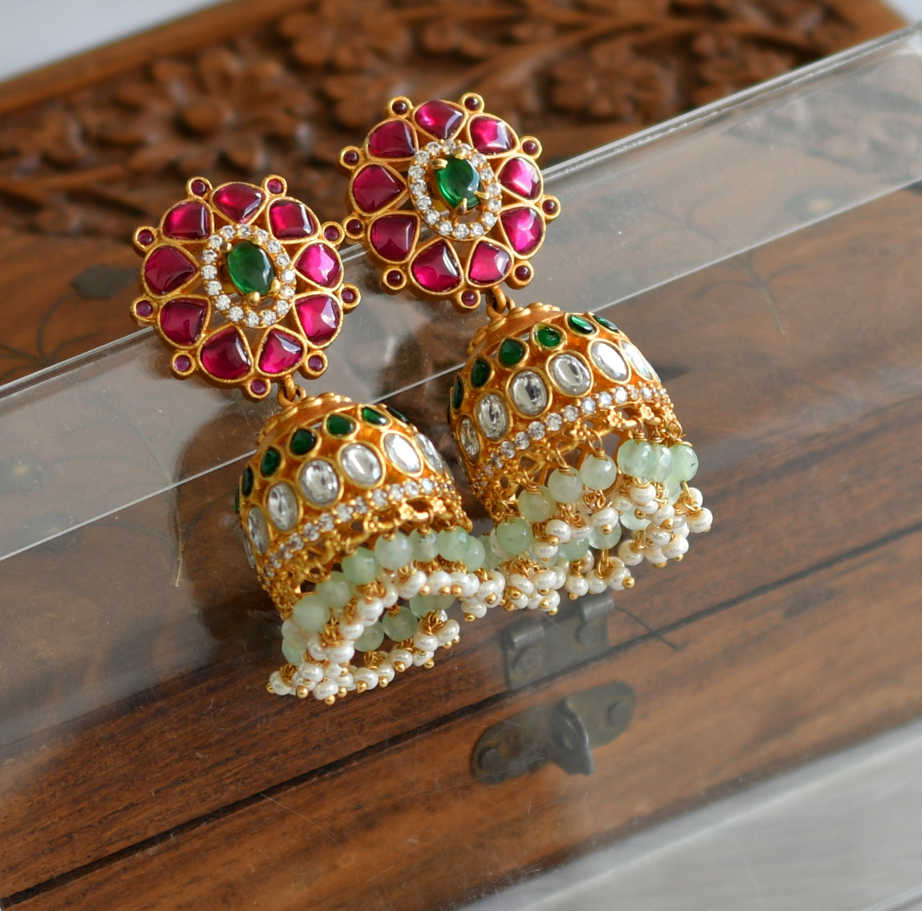 Gold tone pink-green-white kundan jadau jhumkka dj-43505