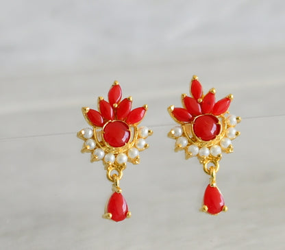 Gold tone coral-pearl stone earrings dj-48571