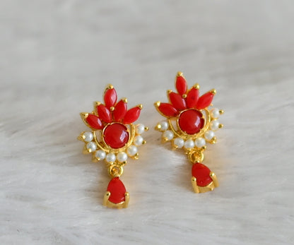 Gold tone coral-pearl stone earrings dj-48571