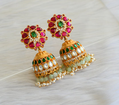 Gold tone pink-green-white kundan jadau jhumkka dj-43505