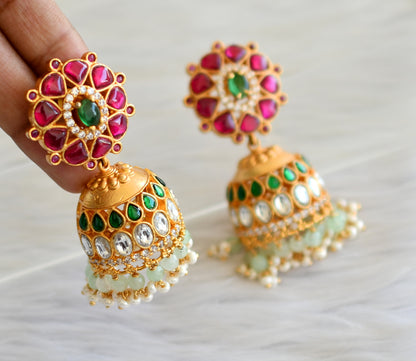 Gold tone pink-green-white kundan jadau jhumkka dj-43505