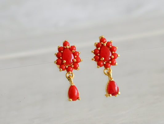 Gold tone coral thilak stone earrings dj-48566