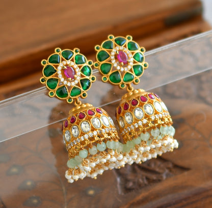 Gold tone green-pink-white kundan jadau jhumkka dj-43506