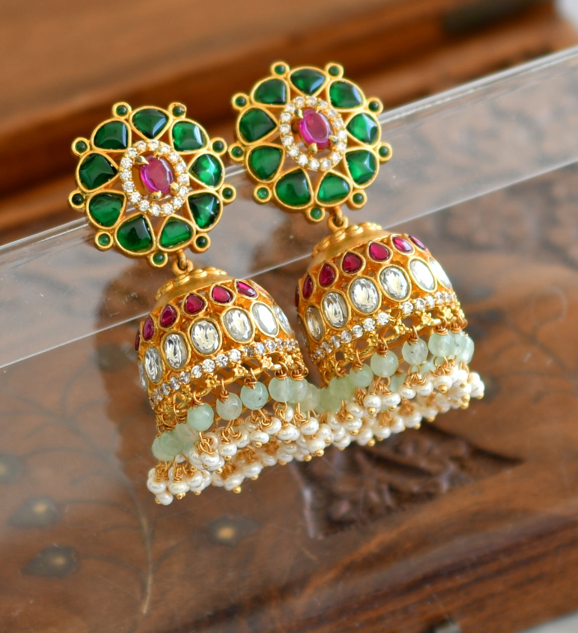 Gold tone green-pink-white kundan jadau jhumkka dj-43506