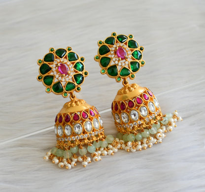 Gold tone green-pink-white kundan jadau jhumkka dj-43506