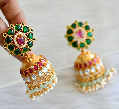 Gold tone green-pink-white kundan jadau jhumkka dj-43506